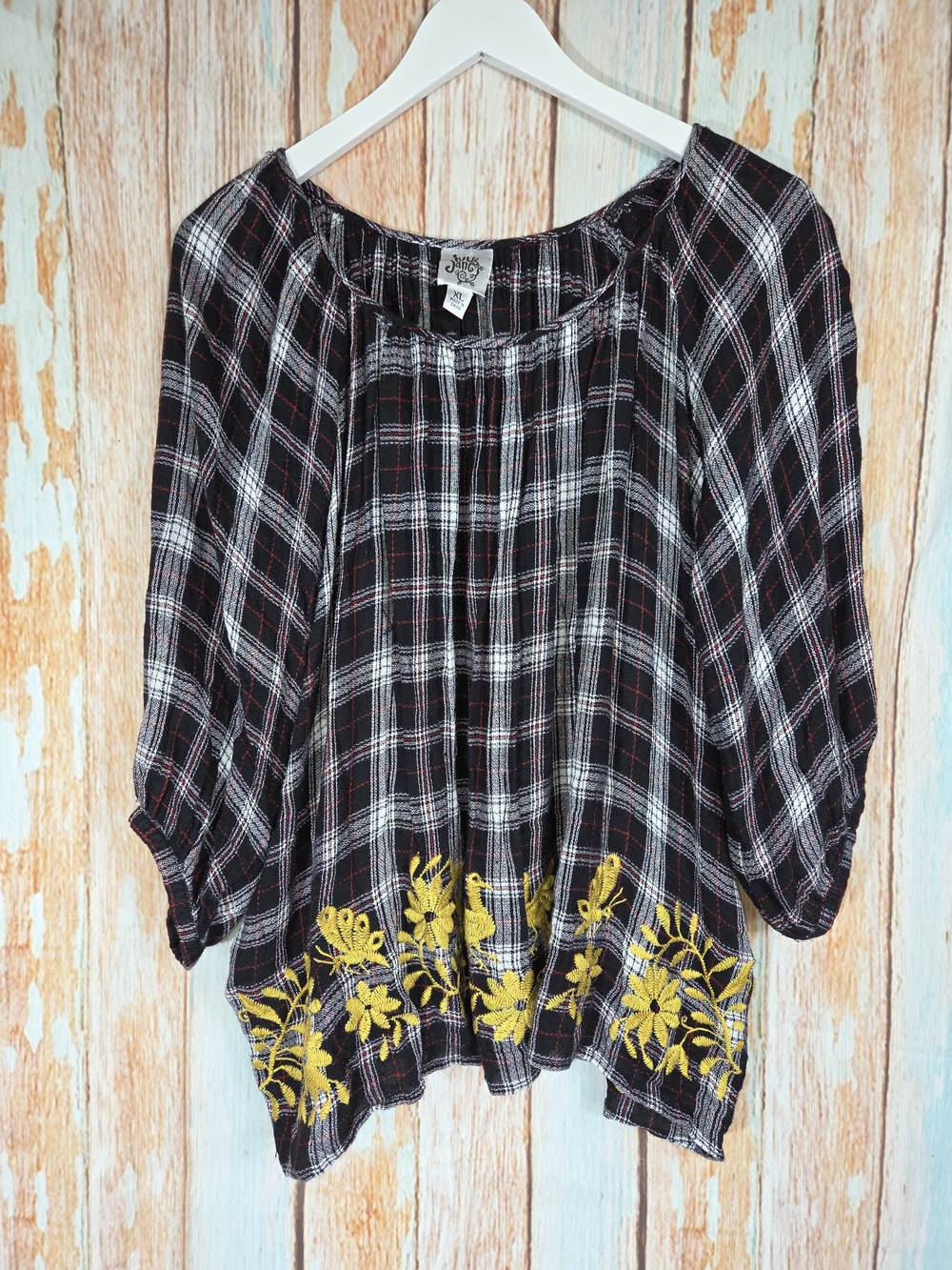 Ivy Jane Black Plaid Peasant Top with Yellow Floral & Bird Embroidery Motif. XL